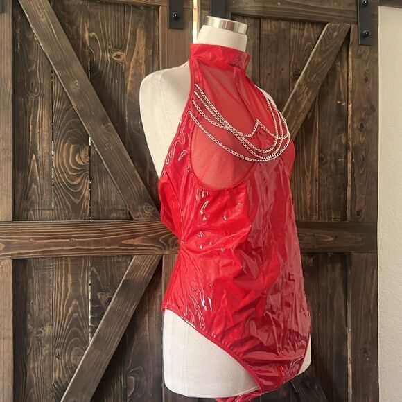 New Wet Look Patent Leather Red Bodysuit Zipper Catsuit Open Crotch Ling… - Picture 5 of 16